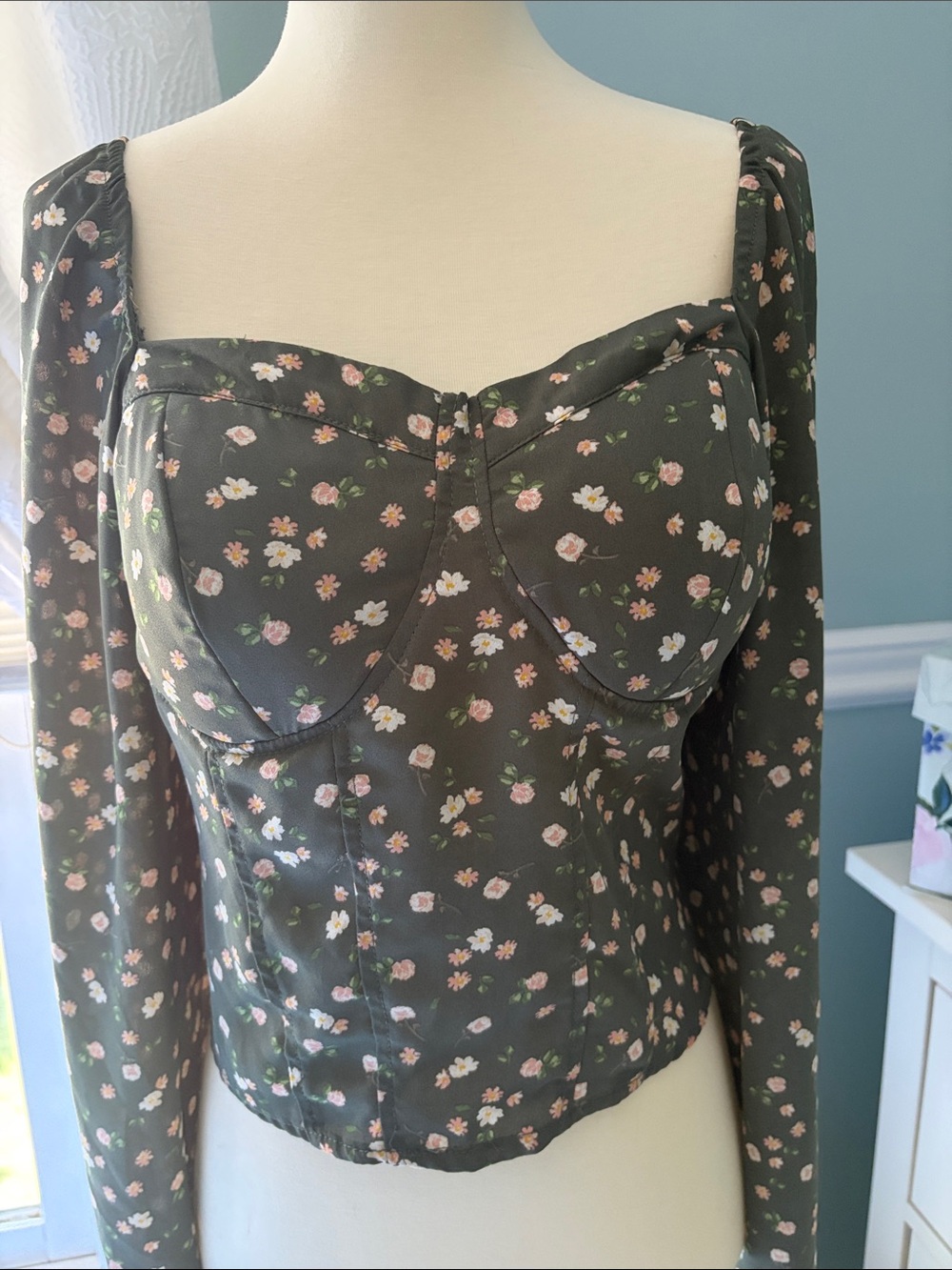Floral Long-Sleeve Bustier Top - Olive with Pink Flowers